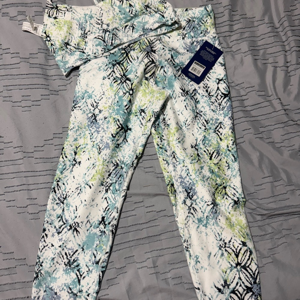 Marika Blue and White Leggings with matching sports bra